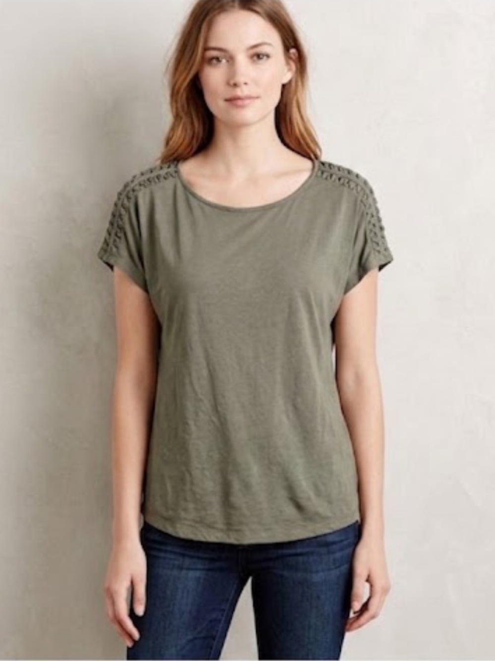 Braided sleeves Blouse Top Olive Green Sz S